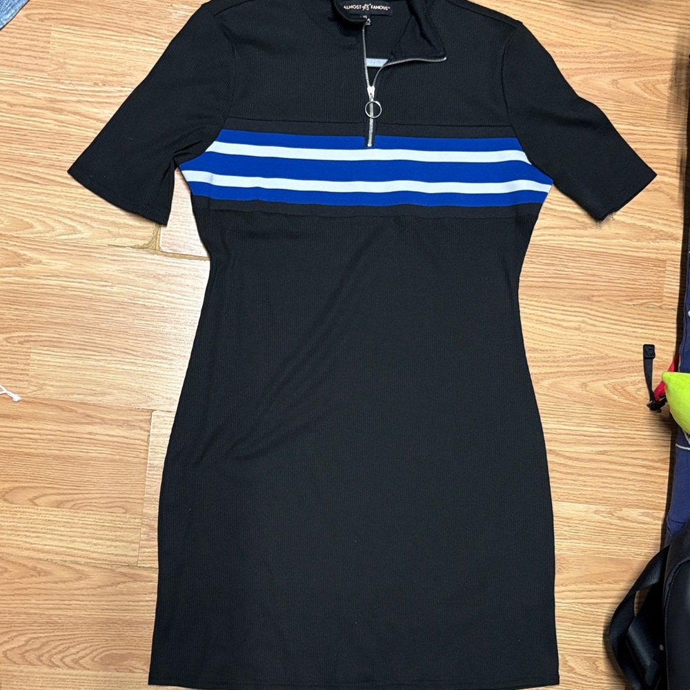 Almost Famous Black Mini Dress with Blue Stripes